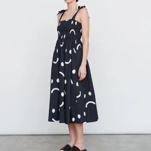 Lazy Oaf Happy Sad Smocked Tie Shoulder Midi Dress 4 NWT
